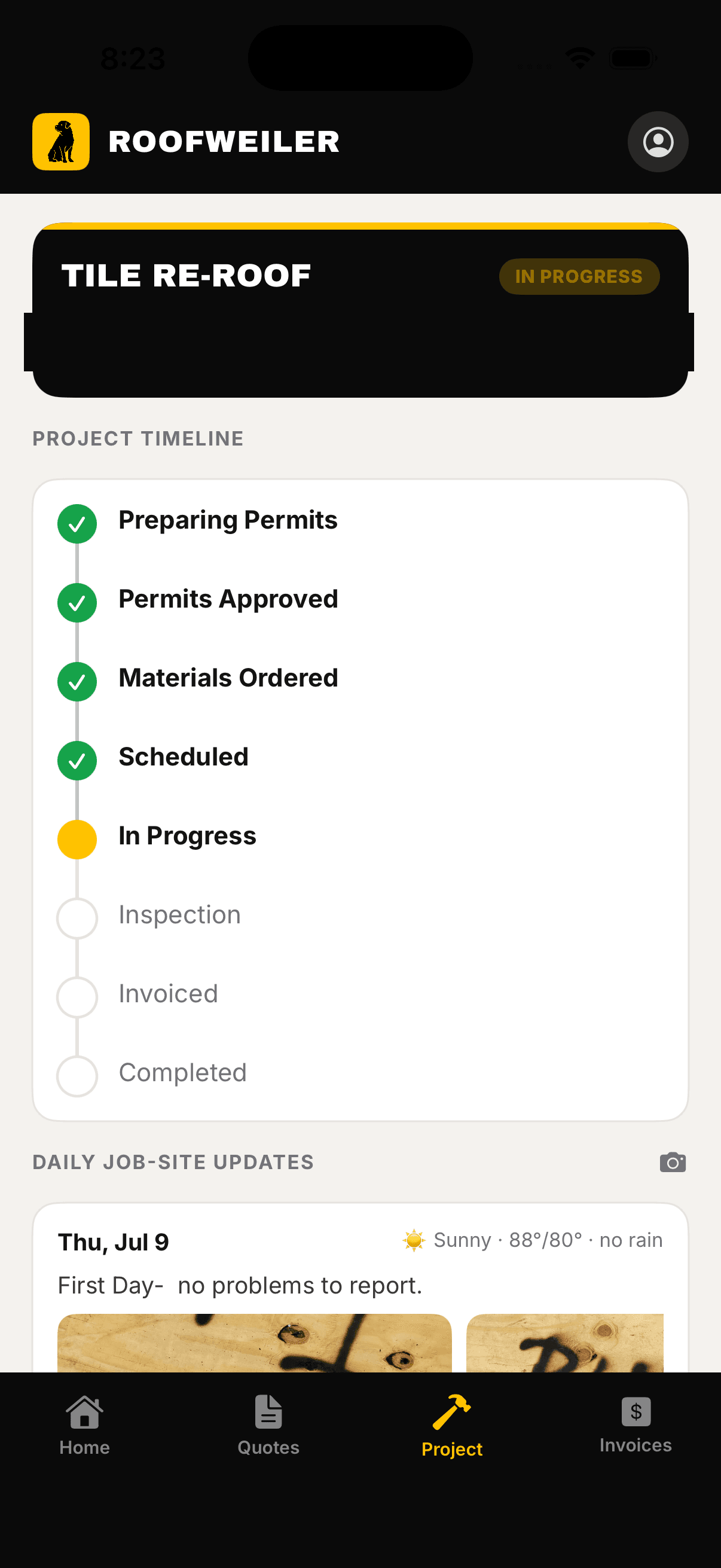Roofweiler app screen showing a real project timeline — permits, materials, scheduling, inspection